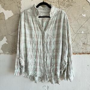 Crinkled Plaid Button Down Boho Blouse We The Free Mint Beige Textured Medium